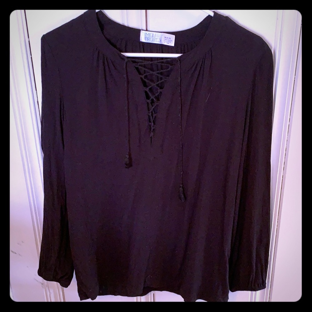 Black Long Sleeve Top with Lace-Up Neck